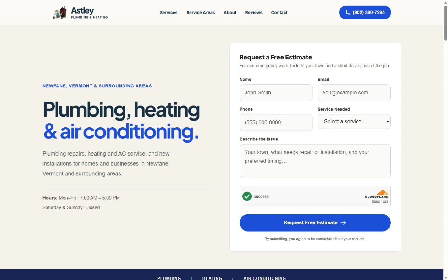 Astley homepage captured September 30, 2026, showing service introduction, hours, and adjacent estimate form