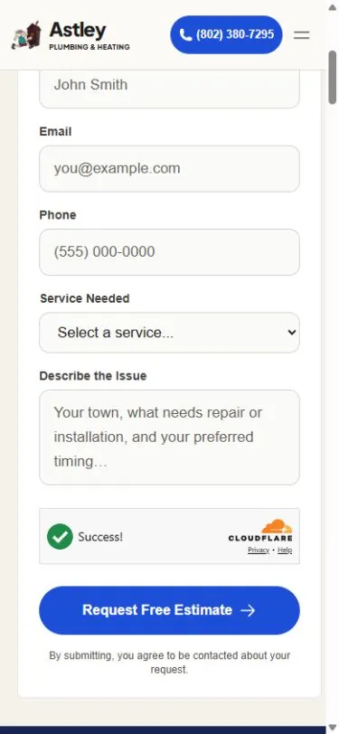 Scrolled Astley mobile estimate form showing service selection, issue description, and request button