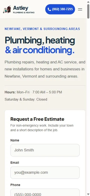 Astley mobile homepage showing service introduction, phone action, hours, and beginning of estimate form