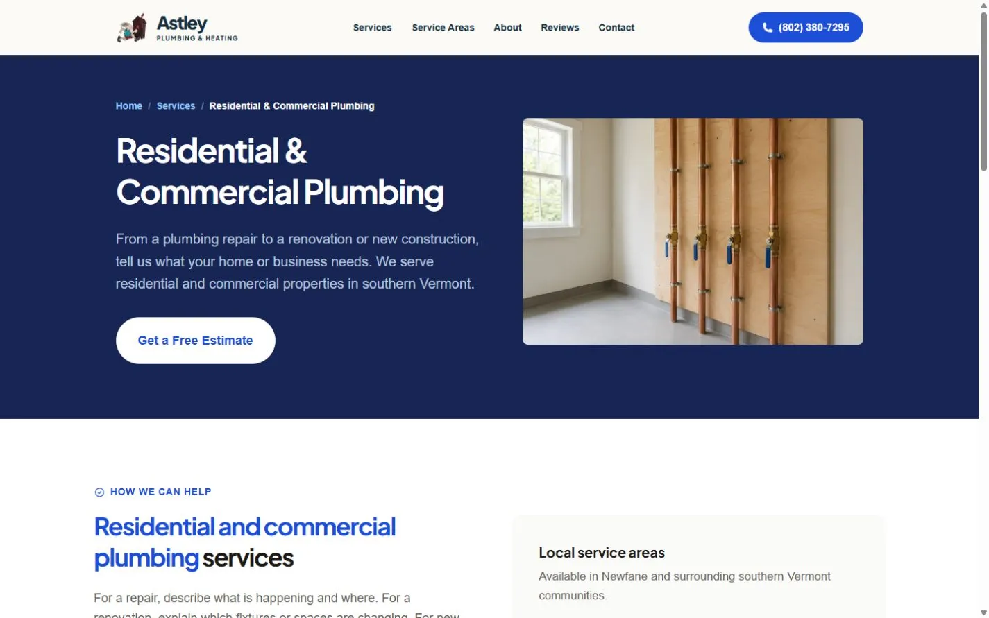 Astley residential and commercial plumbing page with estimate action and a fictional pipework illustration