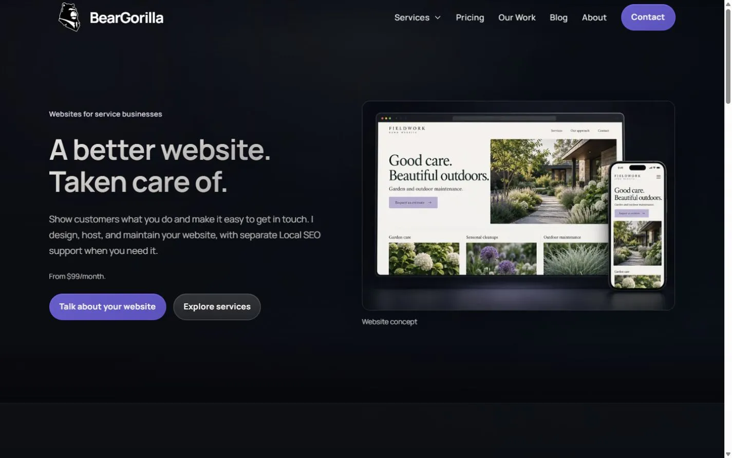 BearGorilla homepage captured September 30, 2026, with the headline A better website. Taken care of. and a labeled website concept