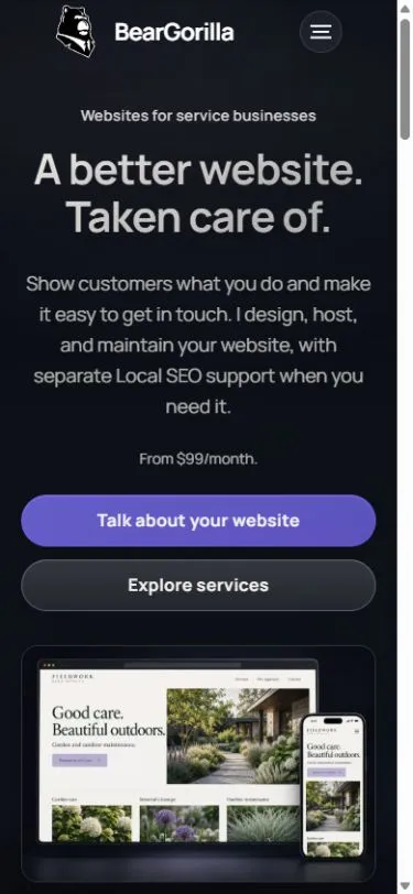 BearGorilla mobile homepage with website offer, two actions, and website concept preview